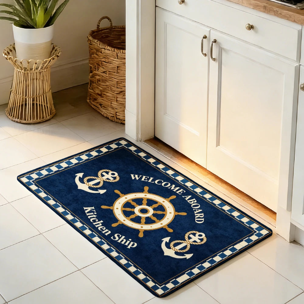 tapis marin antidérapant bleu foncé ancre roue navire carreaux intérieur cuisine salle bain chambre
