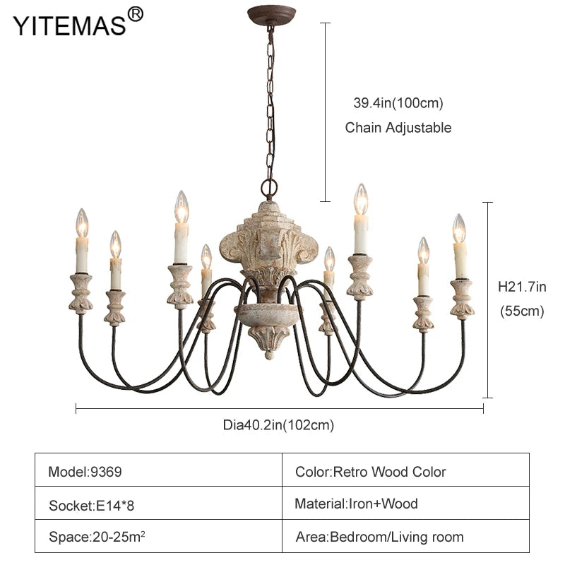 lustre vintage blanc noir bois candelabra ampoules chaîne salon restaurant église rustique adjustable
