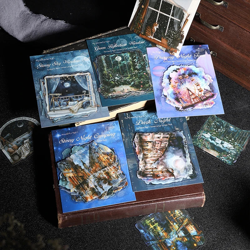 Stickers illustratifs paysages nocturnes personnages végétation étoiles lunes adhésifs scrapbooking