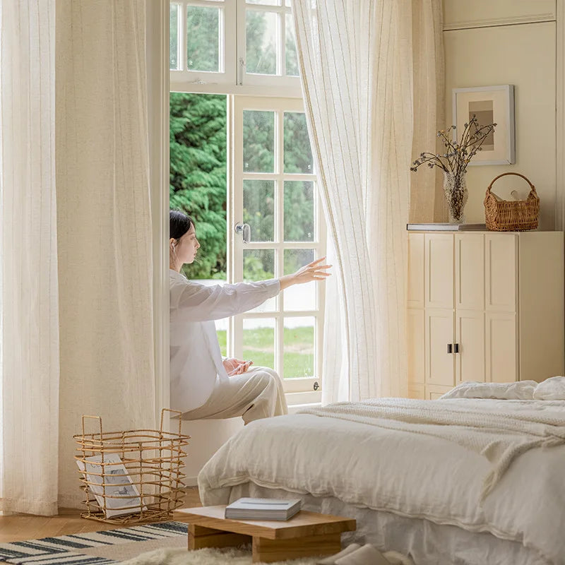 rideau moderne minimaliste lin semi transparent beige clair rayures fines w200 h260cm eyeletsextérieur