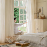 rideau moderne minimaliste lin semi transparent beige clair rayures fines w200 h260cm eyeletsextérieur