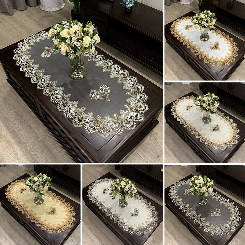 nappe table ovale dentelle broderie florale blanc beige doré classique réutilisable machine festive mariagehôtel