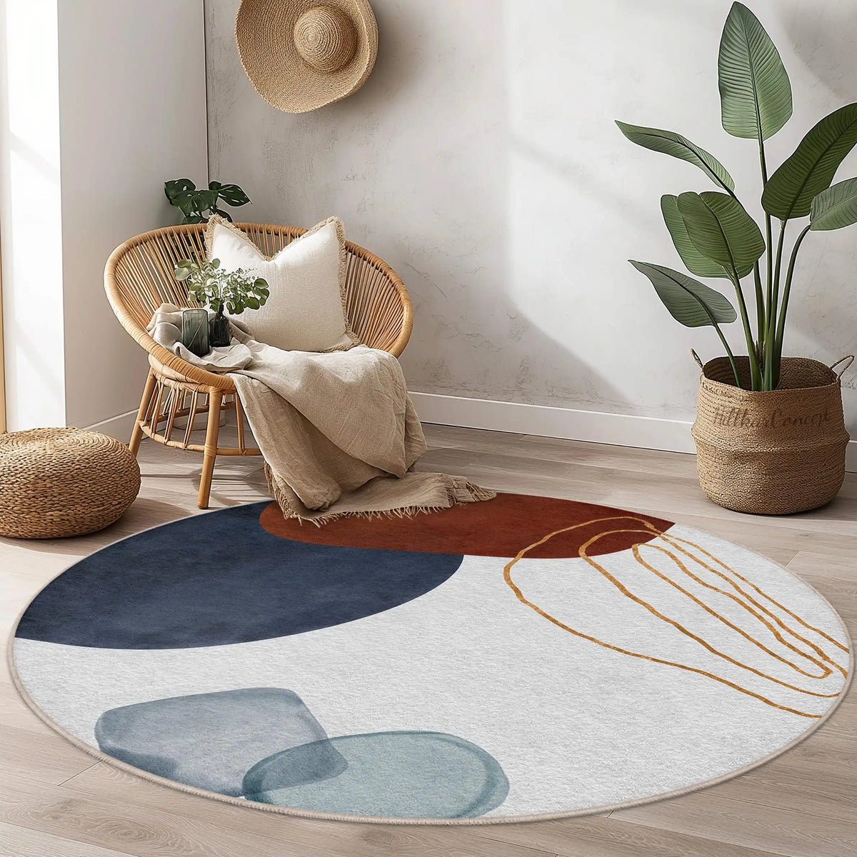 tapis rond moderne abstrait couleur beige salon chambre anti dérapant polypropylène polyester 80x80cm 120x120cm