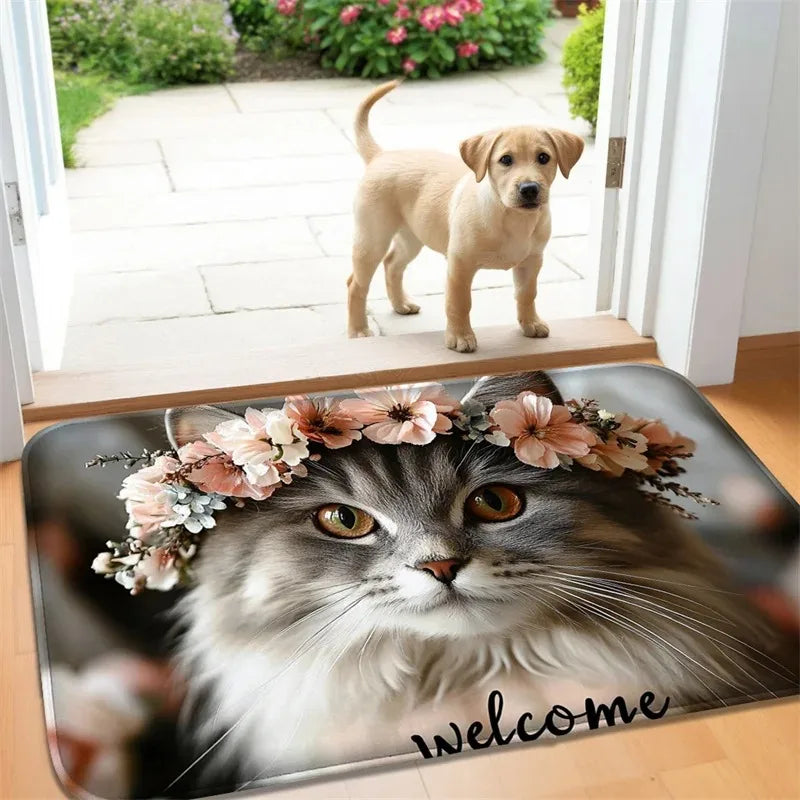 tapis d'entrée moderne antidérapant chat chien os bienvenue multicolore noir blanc