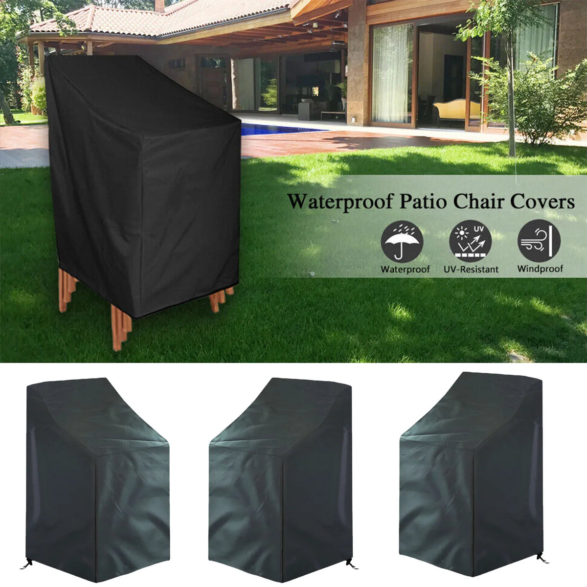 housses chaise patio noires imperméables polyester modernes élastiques 70cm 64cm 120cm