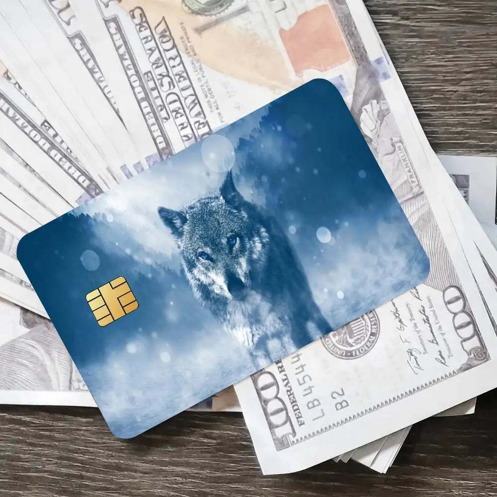 cartes bancaires personnalisées adhésives loup animal moderne graphique noir gris bleu rouge