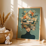 affiche murale illustration fleurs livres visage féminin vert beige blanc noir salon chambre