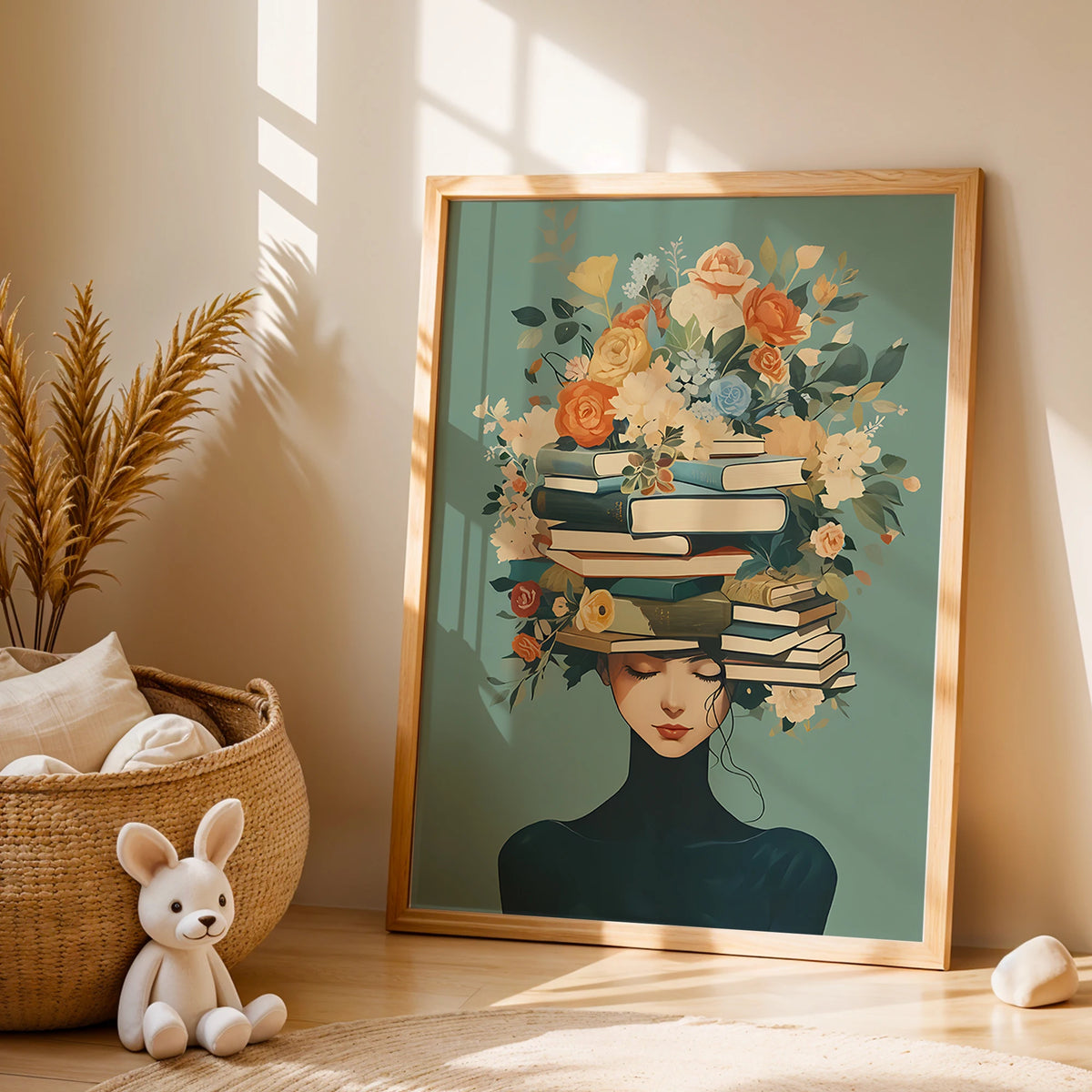 affiche murale illustration fleurs livres visage féminin vert beige blanc noir salon chambre