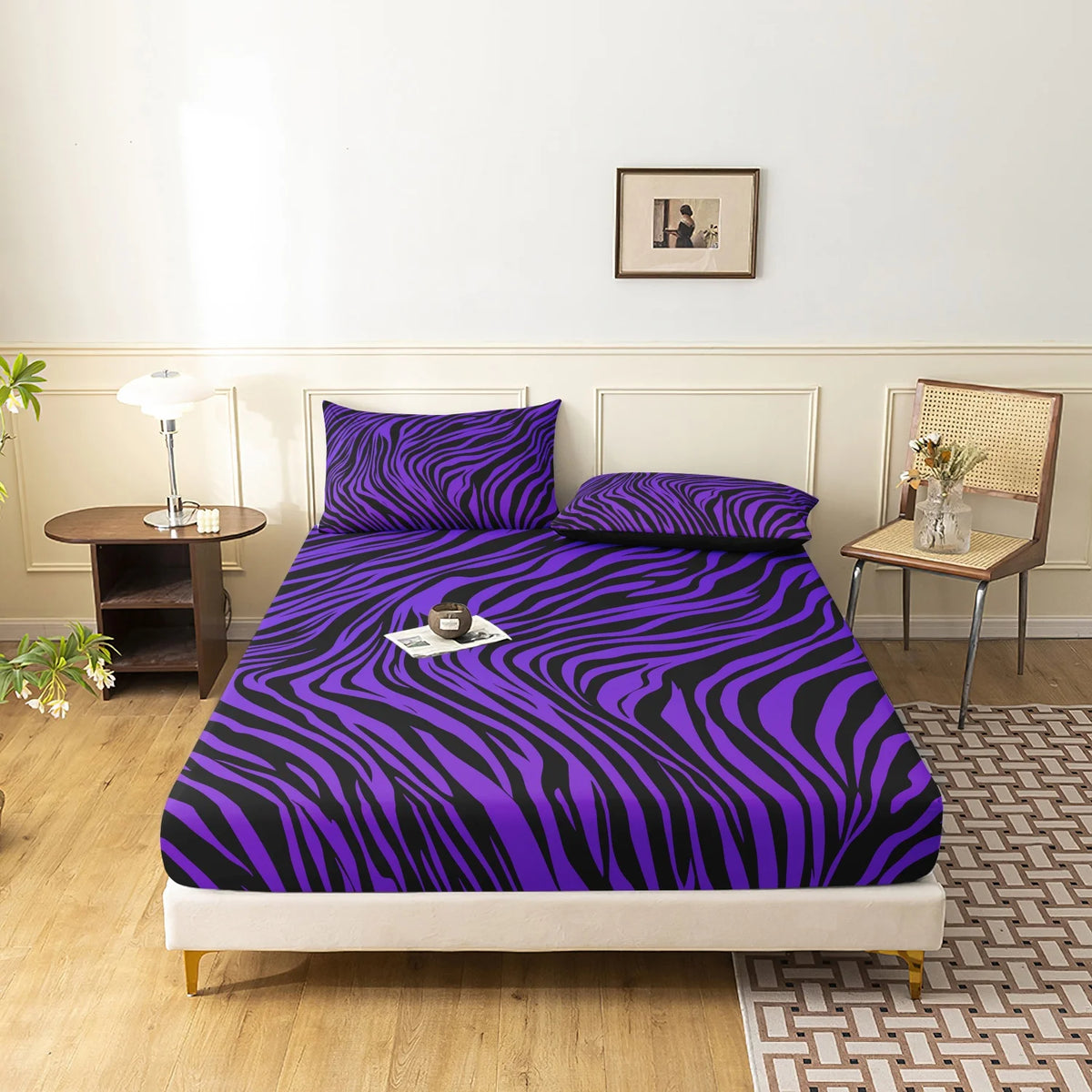 parure lit pièces drap housse taies oreiller rayures rose noir moderne