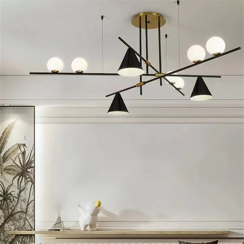 lustre suspension moderne noir doré ampoules sphériques coniques cuisine salon