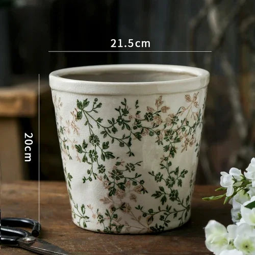 pots fleurs céramique porcelaine rustique vintage beige vert blanc floral