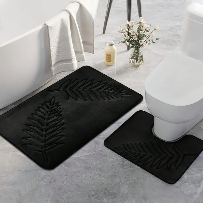 tapis bain deux pièces motif feuille palmier relief coton noir vert gris moderne absorbant