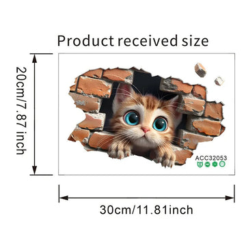 sticker decoratif chat 3d brique brise mur orange marron blanc bleu adhesif 20x30cm