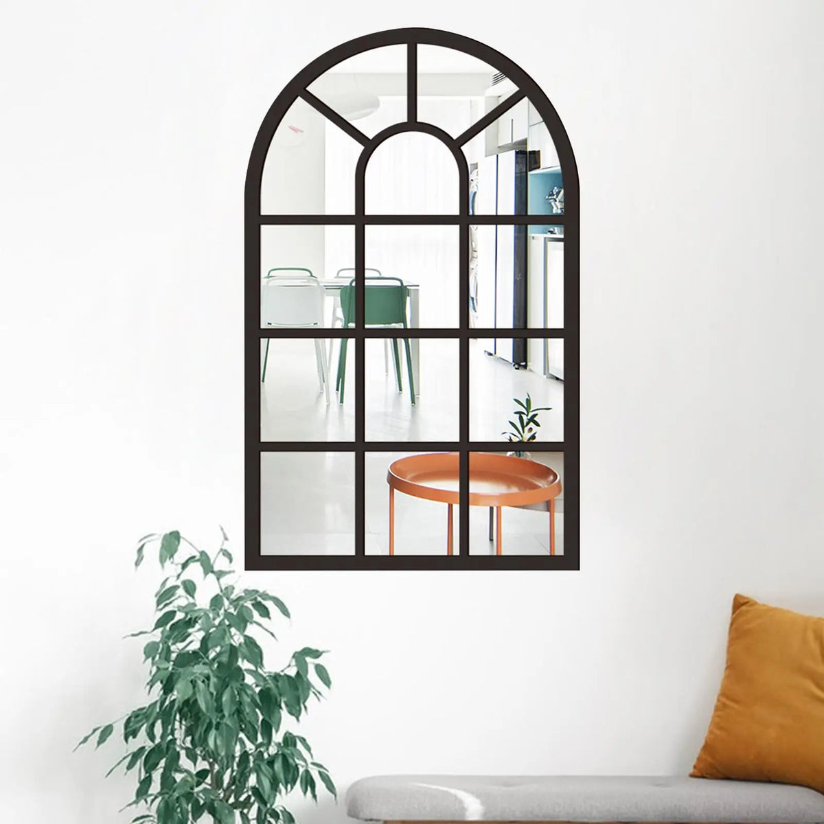 miroir arqué fenêtre bois blanc marron noir structure vieillie décoratif vintage chambre salon