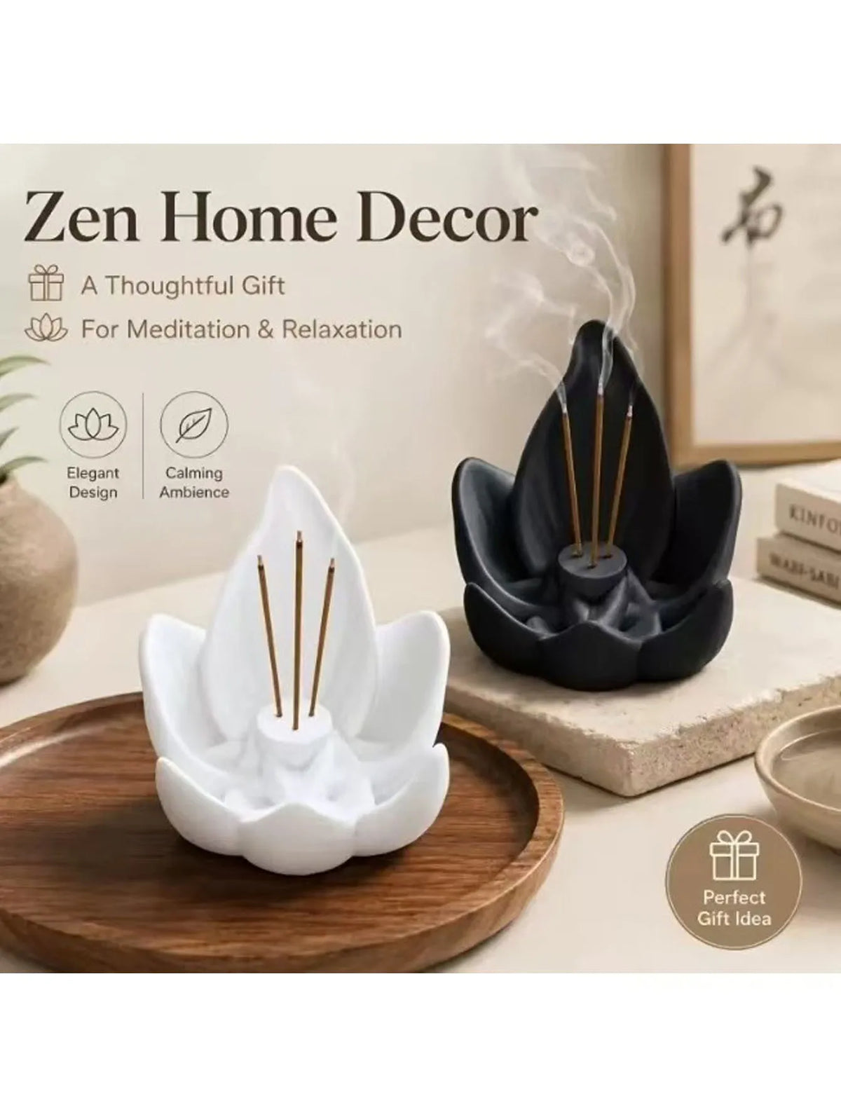 support encens fleur lotus moderne blanc noir résine minimaliste