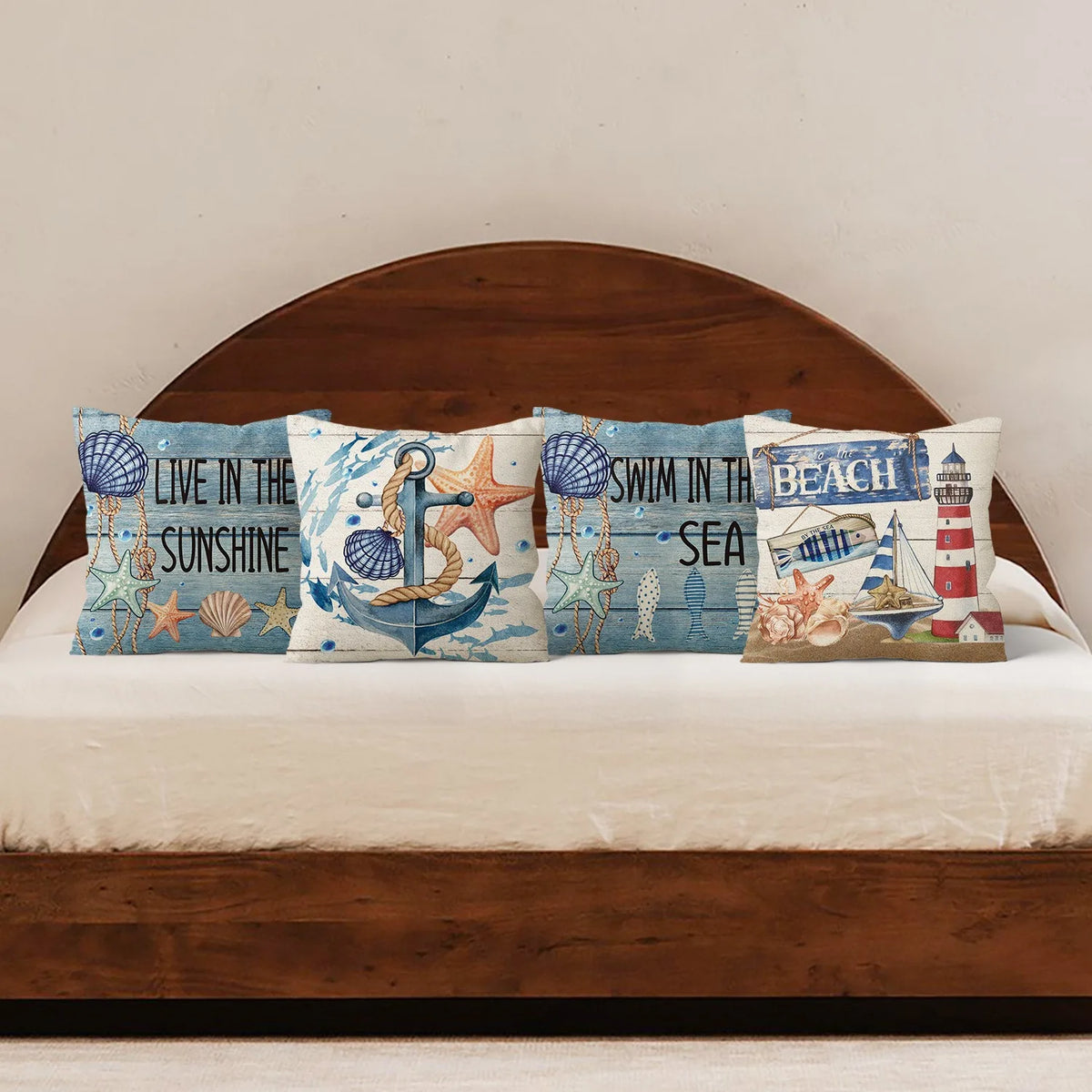 housse coussin motif maritime ancre coquillage marin bleu beige blanc decoration maison voiture 45x45cm