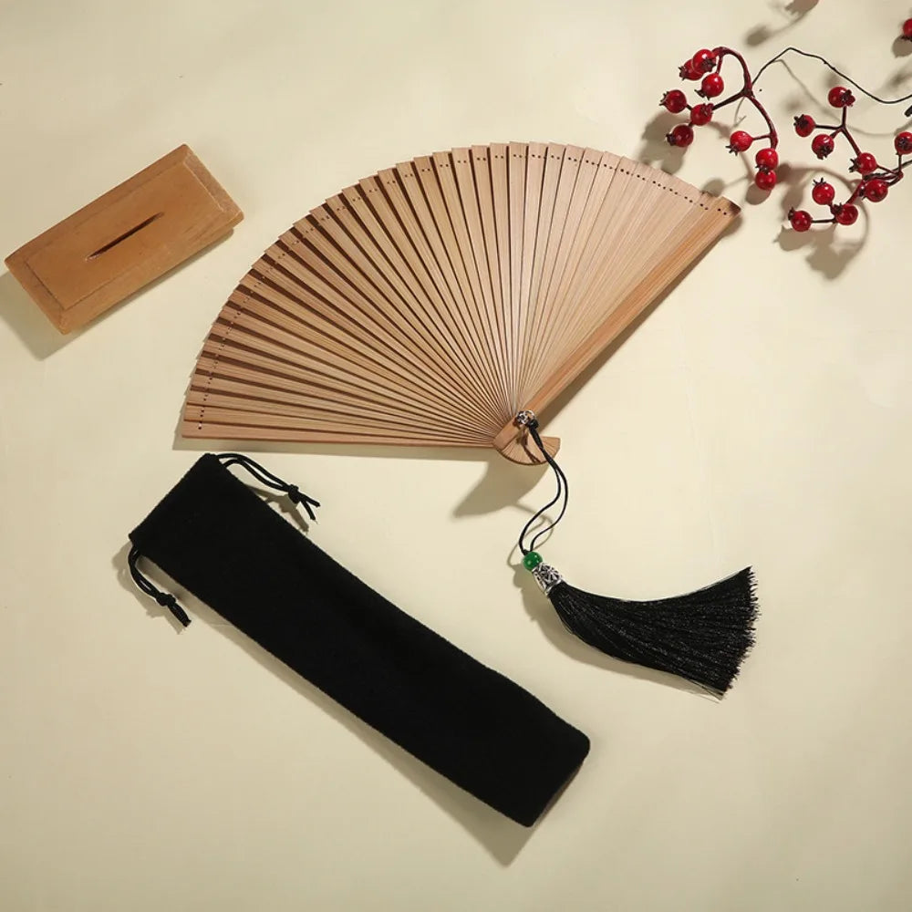 éventail danse bambou handmade kimono fan classique noir rouge rayures tassel
