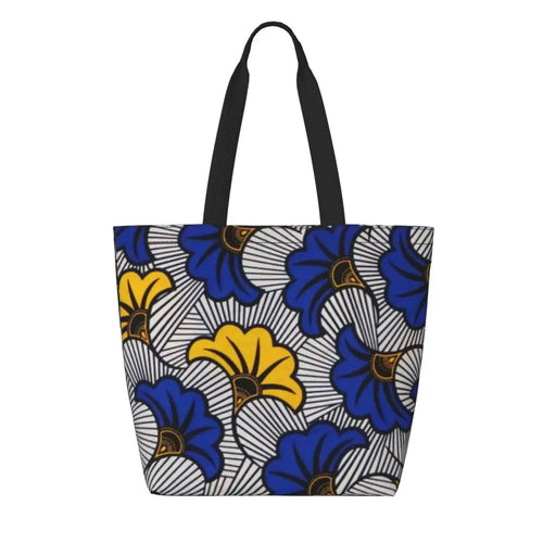 sac main femme bleu jaune blanc motif fleurs stylisées grand cabas shopping moderne