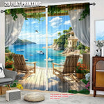 rideau moderne gris vert bleu beige blanc paysage marin polyester festif decoration fenetre