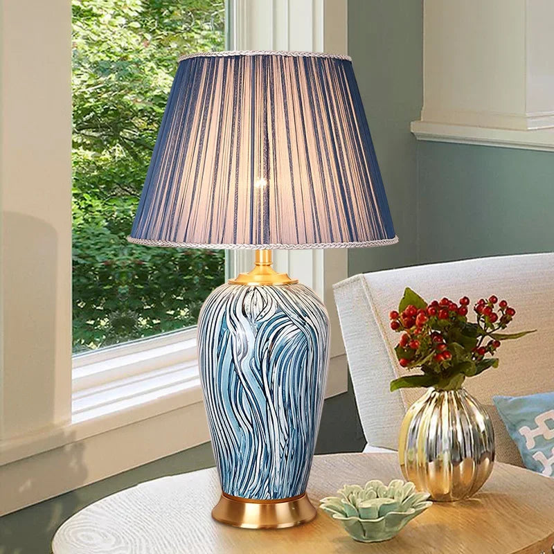 lampe table céramique rayures bleu abatjour tissu base cuivre led classique chambre salon