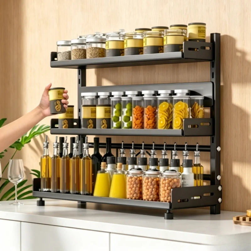 organisateur étagère métal noir réglable niveaux moderne cuisine épices bouteilles rangement minimaliste pieds ajustables