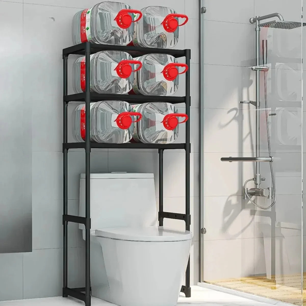 étagère rangement moderne multi niveaux blanc noir grande capacité sans perforation machine laver toilette