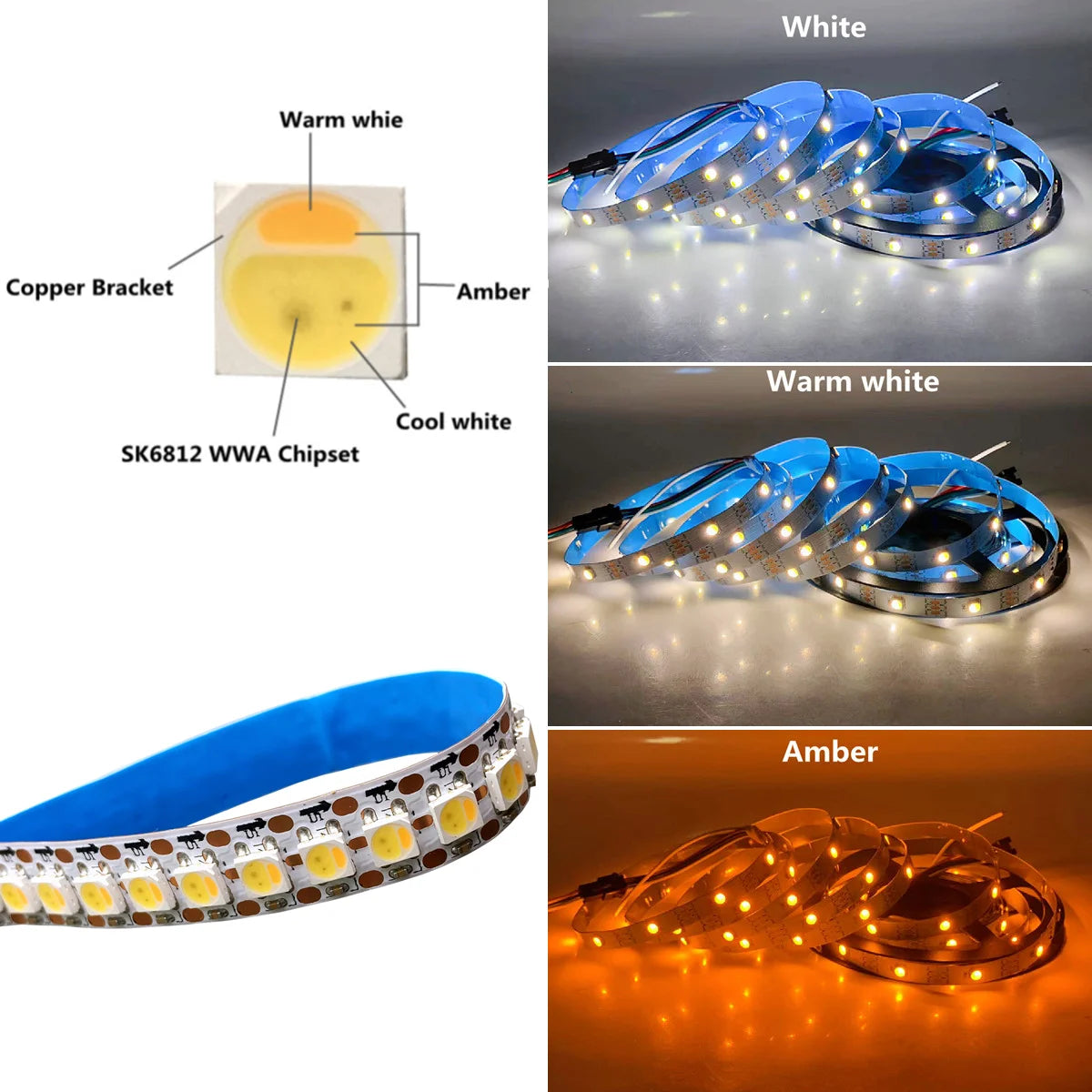ruban led 5m 144 leds blanc blanc chaud ambre ip65 waterproof moderne
