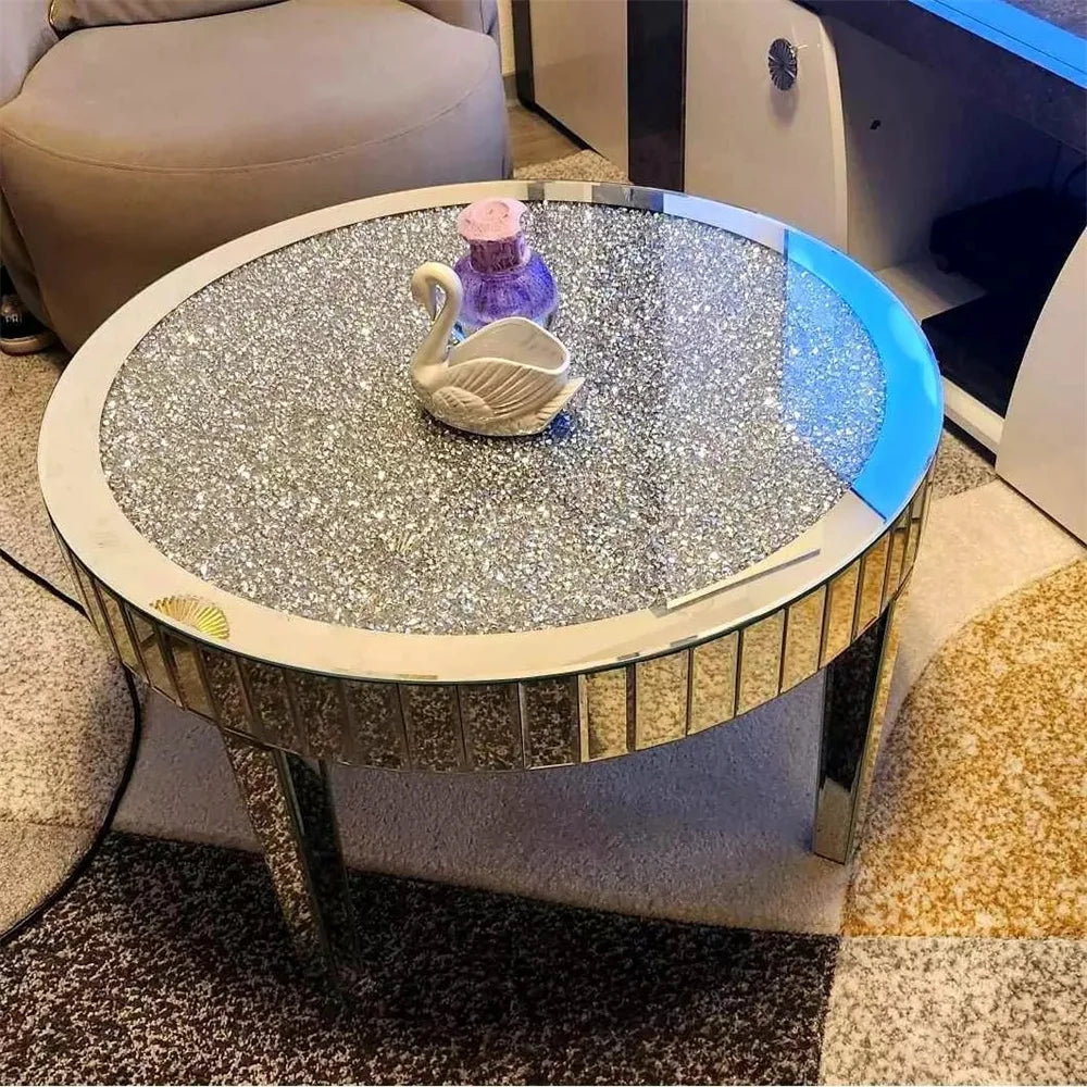 table basse ronde moderne transparente motifs cristal argentée chic salon chambre