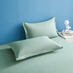 Deux oreillers élégants en velours vert pastel reposent sur un sol bleu, créant une ambiance apaisante et sereine dans cette chambre.