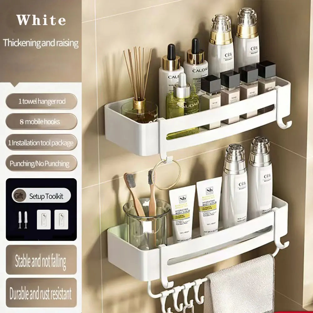 étagère murale triangulaire salle bain gris métal crochets rangement douche moderne autocollante