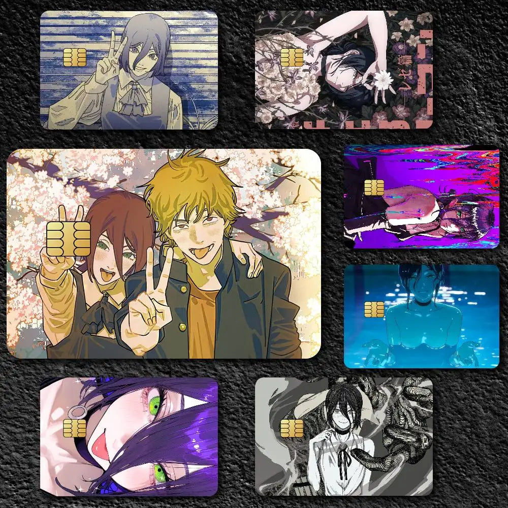 cartes bancaires étanches résistantes adhésives illustration anime personnages fond floral multicolore jaune brun vert