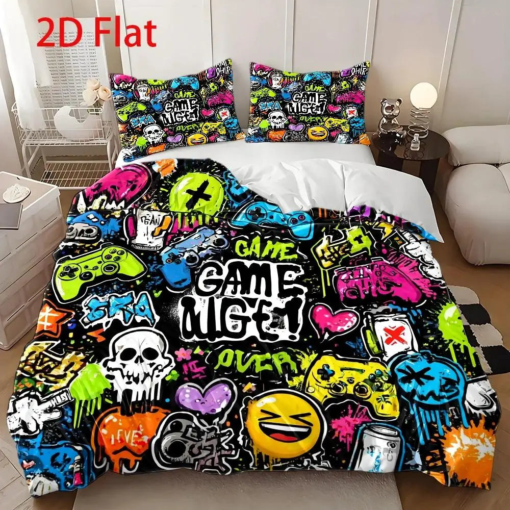 housse couette motif graffiti gamer noir vert jaune rose orange
