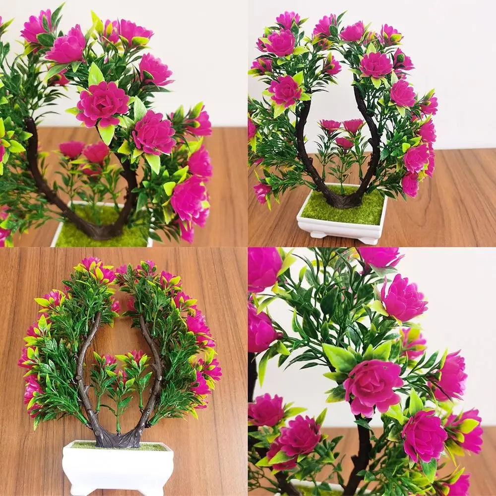 plantes artificielles bonsaï violet rose blanc jaune rouge pot carré mousse verte décoration intérieure