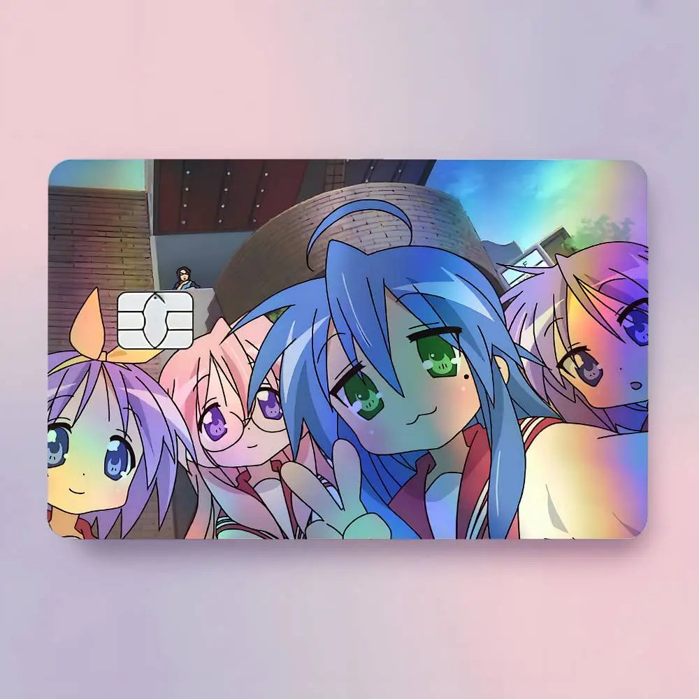 carte crédit personnalisée adhésive personnages animés holographique noir bleu vert arc ciel moderne illustratif