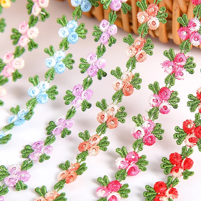 ruban decoratif brode fleurs feuilles 2cm largeur vert rose bleu orange mariage decoration ecologique