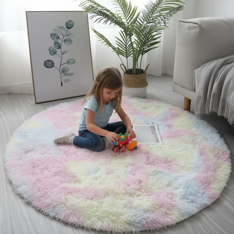 tapis rond polypropylène peluche doux moderne beige blanc bleu rose chambre salon enfant