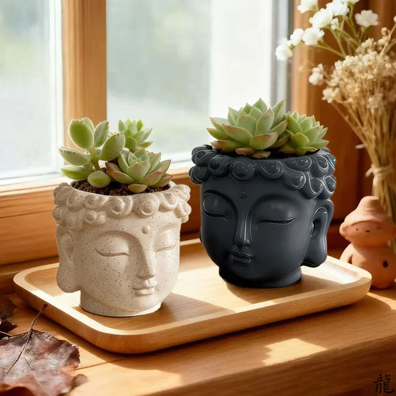 pots fleurs tête bouddha résine blanc gris texture moderne zen spiritualité