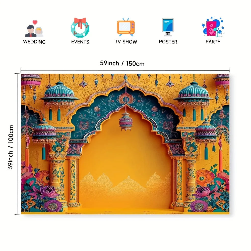 toile fond décoration murale indienne arches colonnes motifs floraux jaune orange violet occasionnelle festive