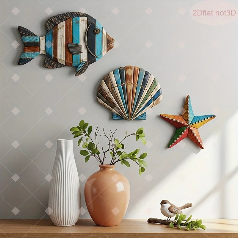 décorations murales poissons coquille étoile mer bleu brun noir motifs rayures pois géométriques artisanal