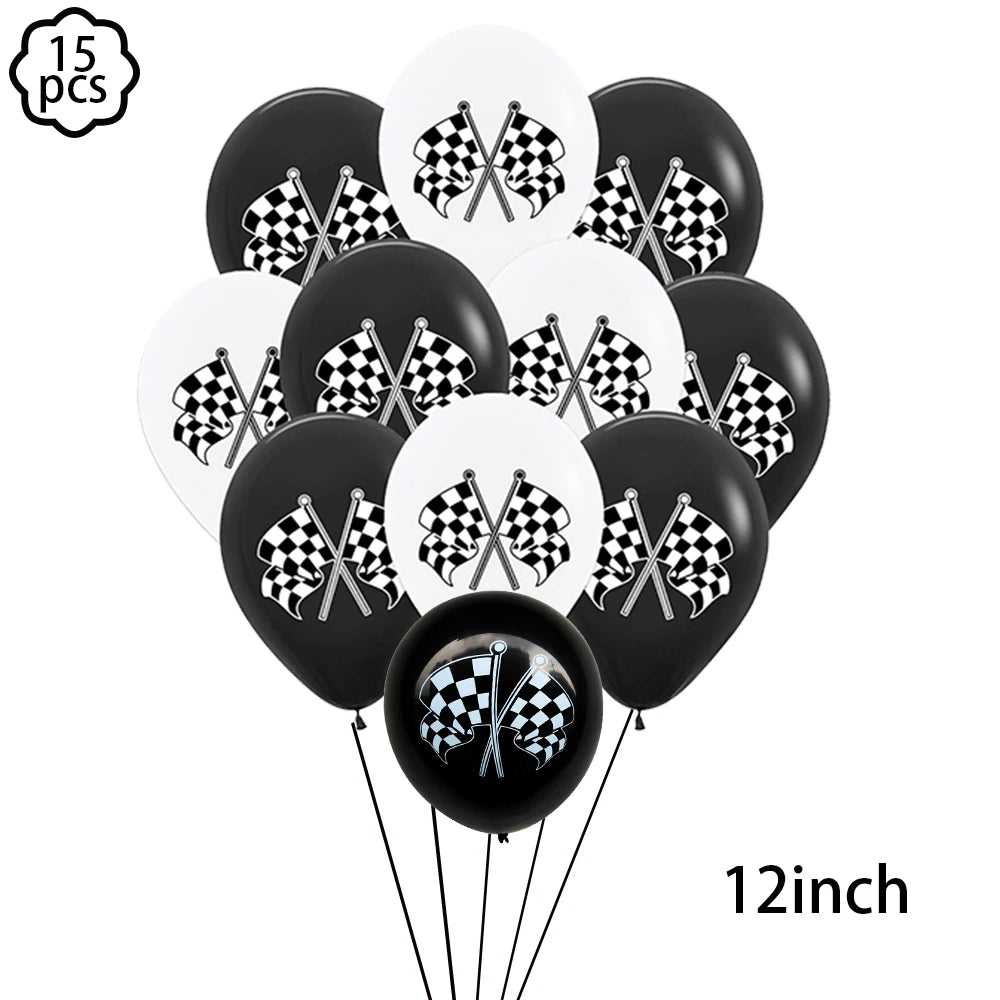 ensemble décoration anniversaire voiture course assiettes gobelets bannière table runner ballon géant papier