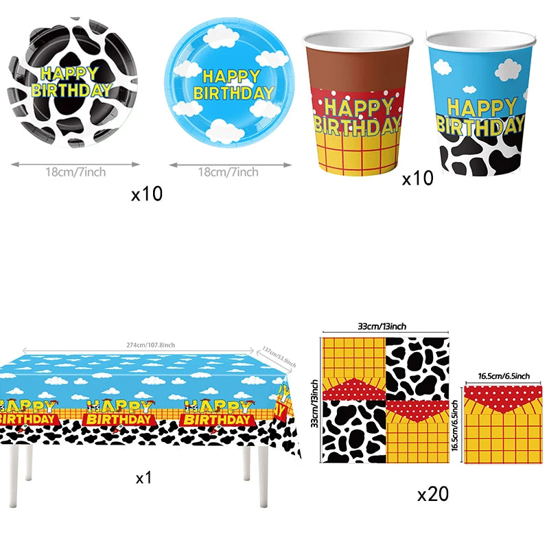 boîtes bonbons vache nuages assiettes jetables sacs cadeaux guirlande thème anniversaire ballons cowboys