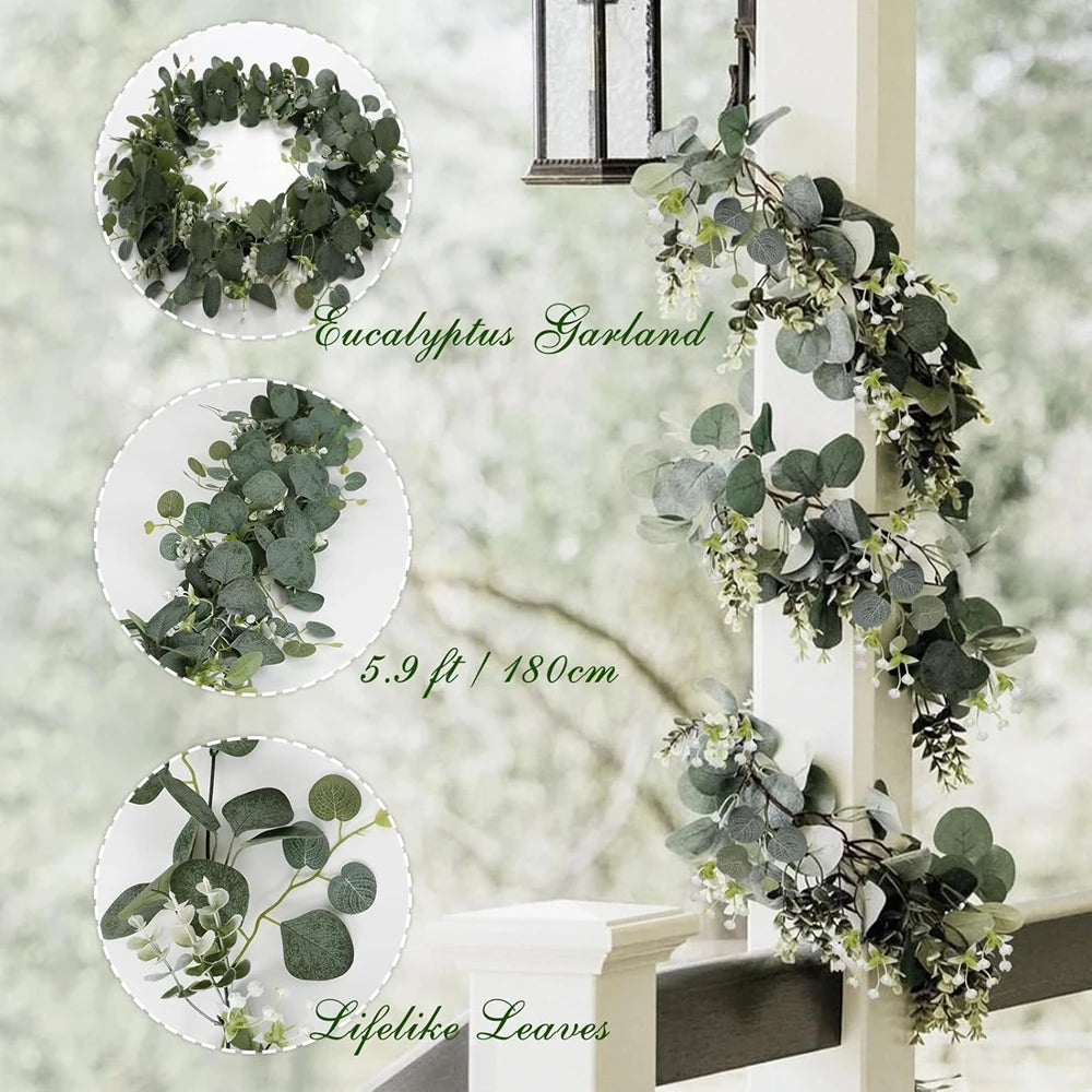 guirlande eucalyptus feuilles fleurs blanches vert marron decor boheme exterieur fixee structure métallique