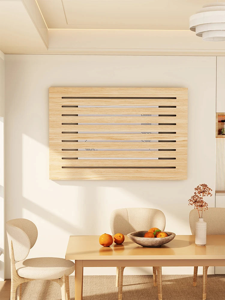 radiateur mural bois naturel moderne rayures horizontales salon appartement chic