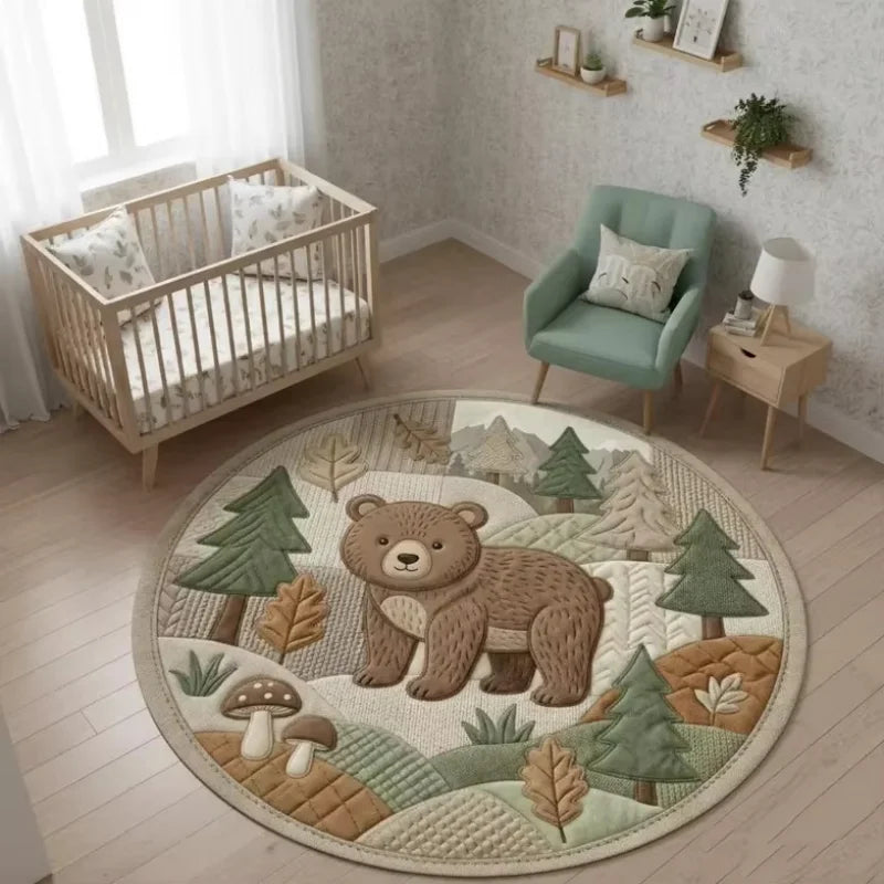 tapis rond patchwork motif lion jungle décoratif doux antidérapant enfant salon chambre intérieur beige
