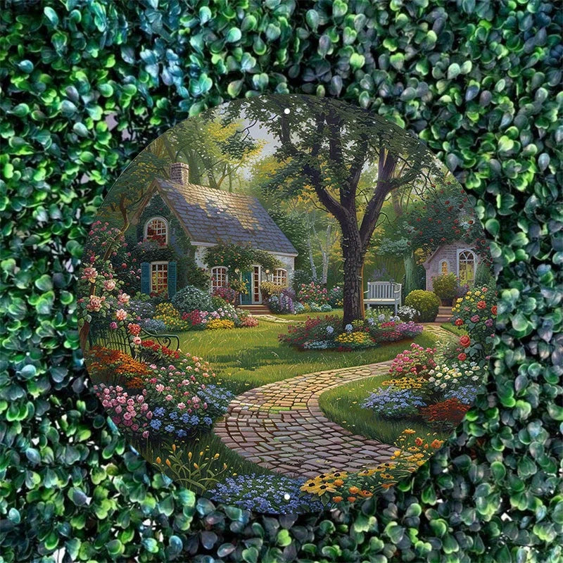 décoration murale ronde paysage rural jardin fleuri maison chemin pavé arbres multicolore 20cm