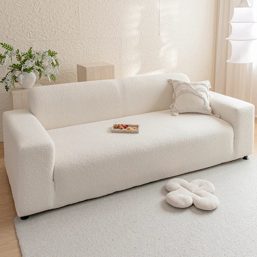 Housse canapé bouclée blanc cassé moderne anti poussière ruban adhésif lavable machine 90 300cm
