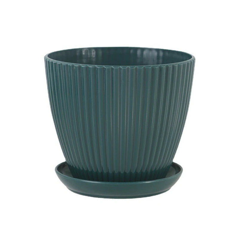 Pots fleurs modernes rayures vertes assiettes drainage couleurs blanc bleu vertclair vertfoncé