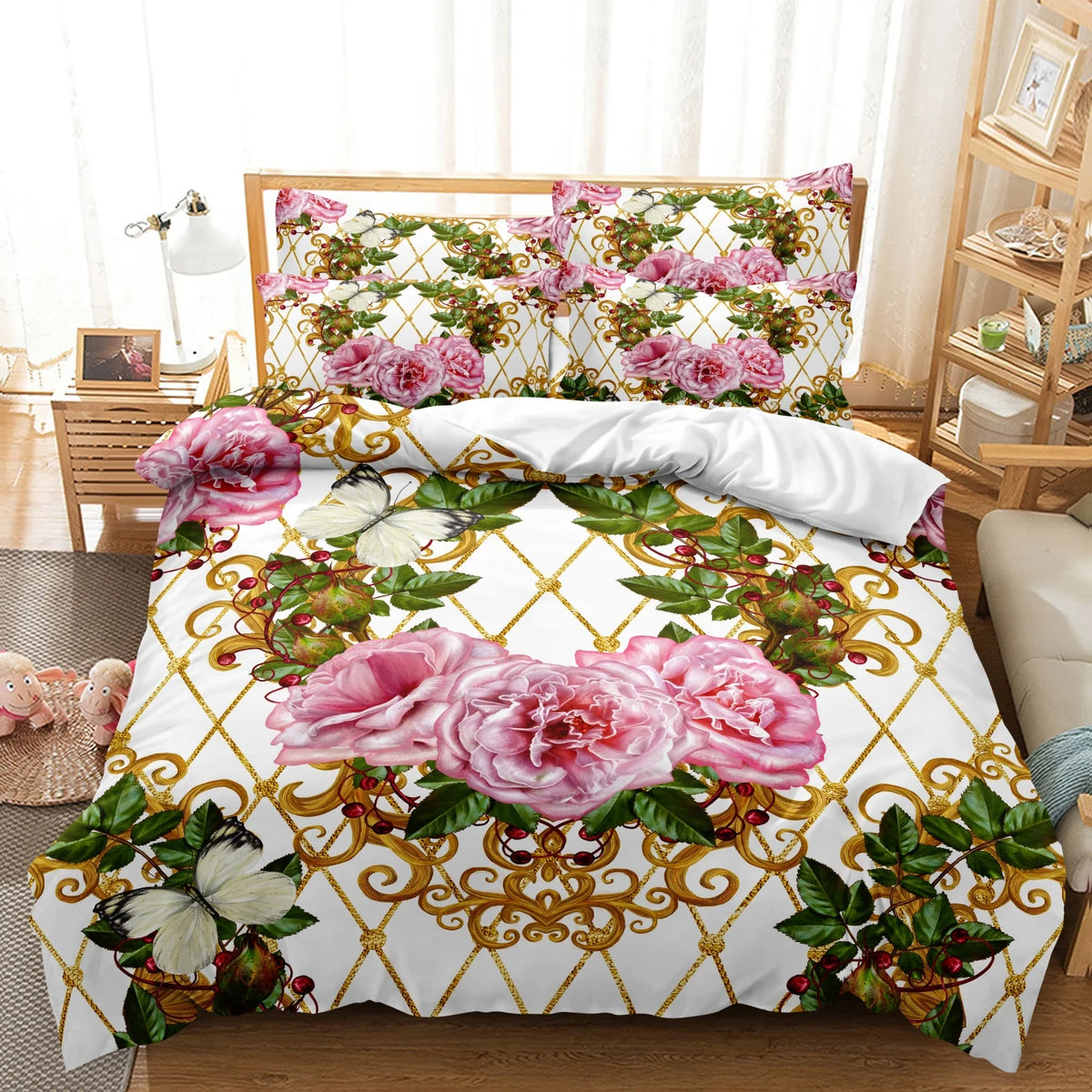 ensemble lit floréal rose vert or couette taies d'oreiller motifs floraux baroque moderne