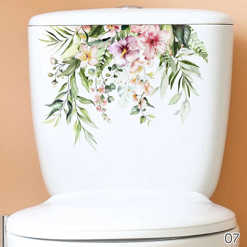 autocollant mural décoration toilettes motif feuilles fleurs floral opaques blanc