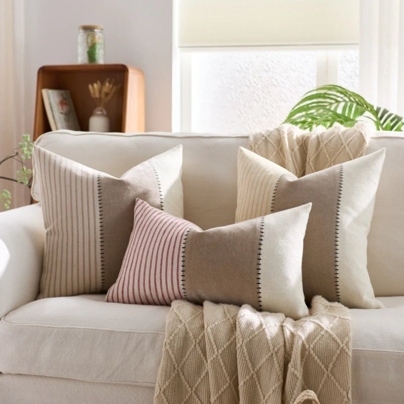 Coussins décoratifs rustiques rayés lin coton beige blanc rose bleu marine adhésifs